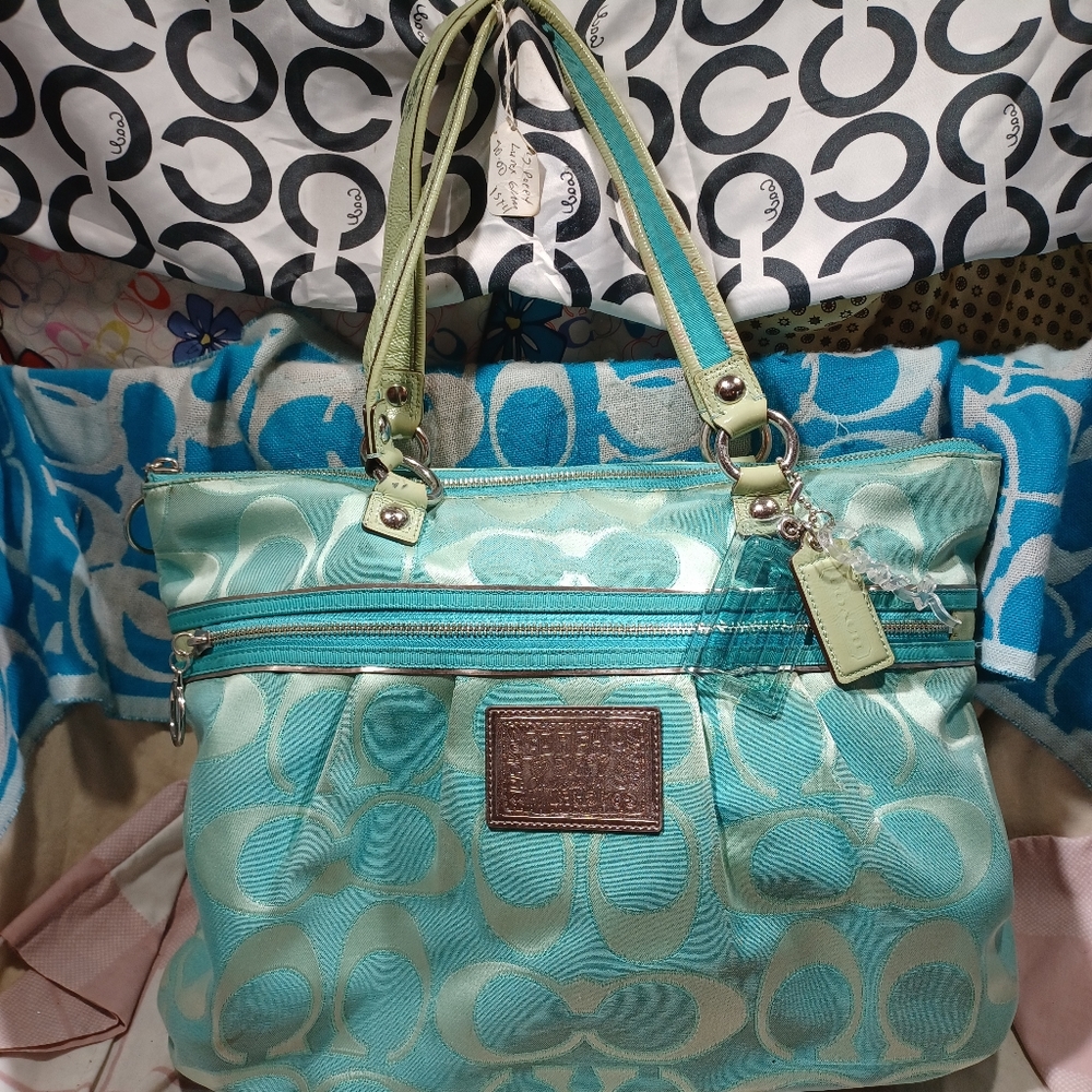 Coach Aqua and Light Green Signature Tote Bag
